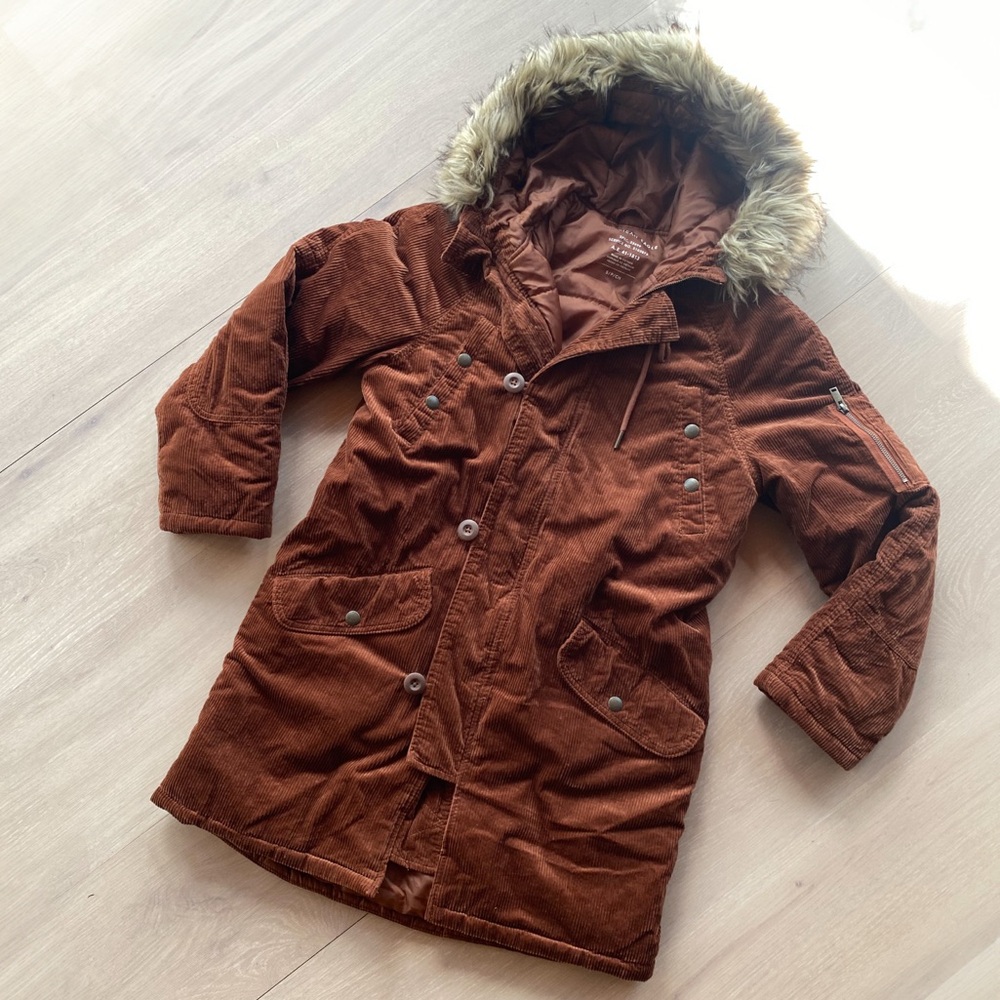 American Eagle Outfitters Brown 100%Cotton Corduroy Parka Coat Faux Fur Hood SM